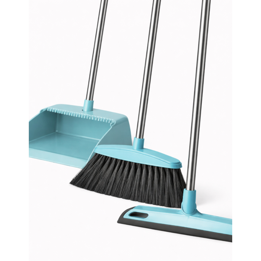 Kit Limpeza 3 em 1 Vassoura Rodo EVA Pazinha Cabo Rosqueável 6 Hastes Pink Azul Cinza em Oferta na Shopee