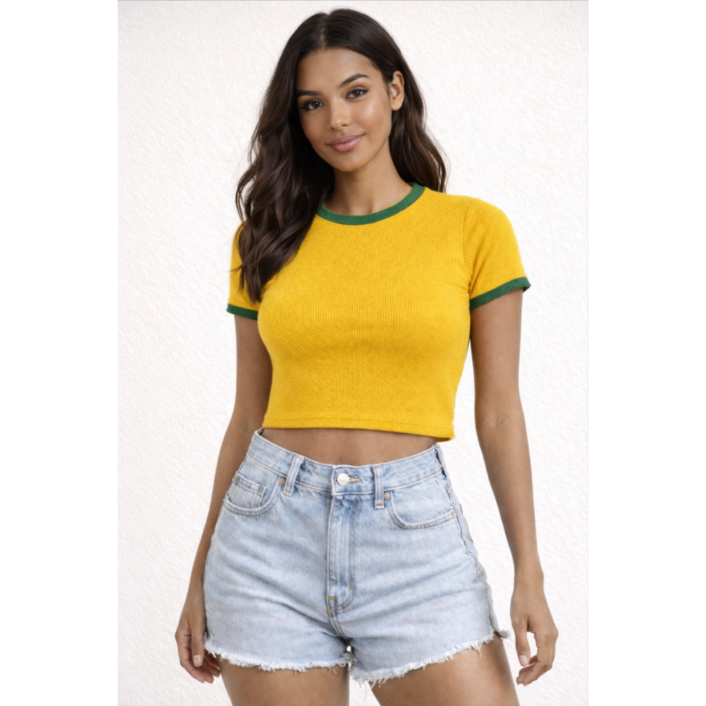 Blusa Curta Cropped Feminino Manga Curta Brasil Copa do Mundo Estilosa Verão Moda 2026