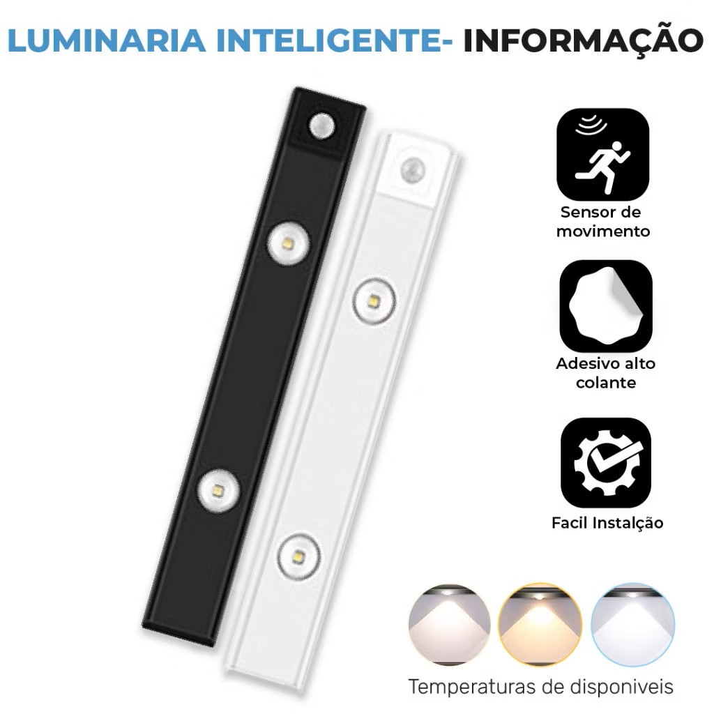 Luminária LED com Sensor de Movimento 120° Barra de Luz USB Recarregável para Armário Cozinha