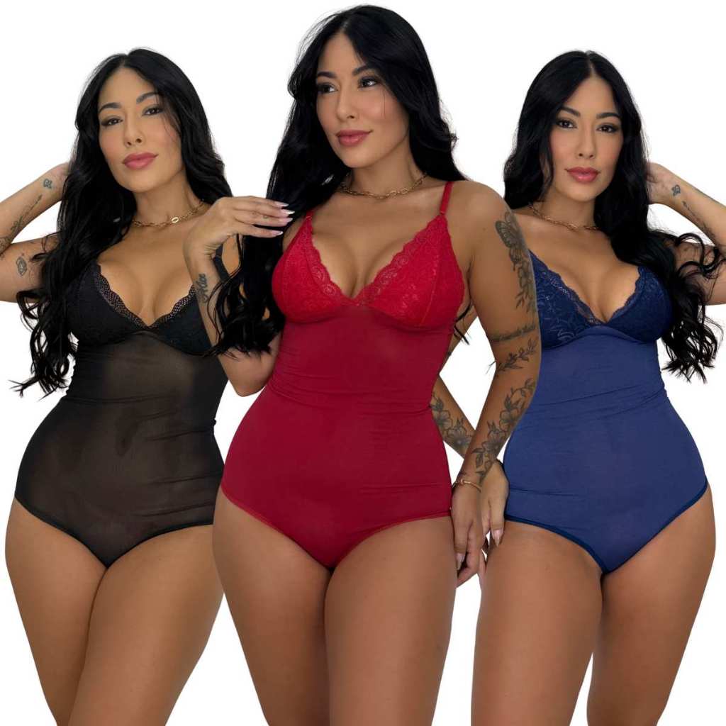 Kit 3 Body Compressão Feminino Renda Lingerie Algodão Macio Confortável Moda Noite Verão