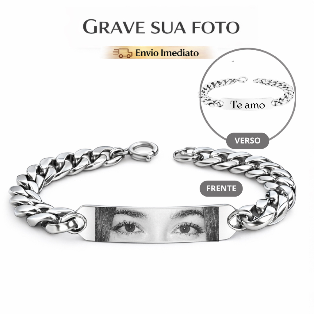 Pulseira Casal Personalizada Com Olhar Foto aço inox presente casal aniversario namoro olhar dela no braço dele em Oferta na Shopee