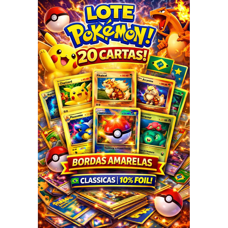 Lote Pokémon TCG 20 Cartas ⭐ Bordas Amarelas | Sem repetição | 10% Foil | PT-BR