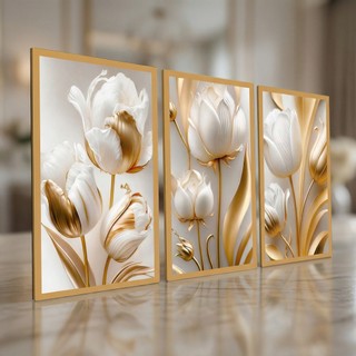 Quadro Decorativo Flores Tulipas Brancas Douradas Sala Hall Quarto Casa