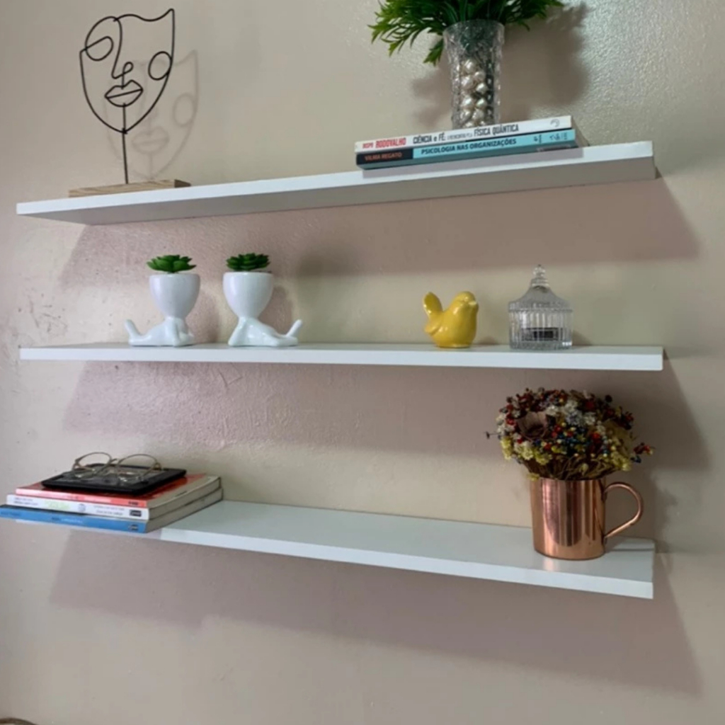 Prateleira Lisa Mdf 15mm Branco 80x14cm com Suporte Invisível nicho parede prateleiras