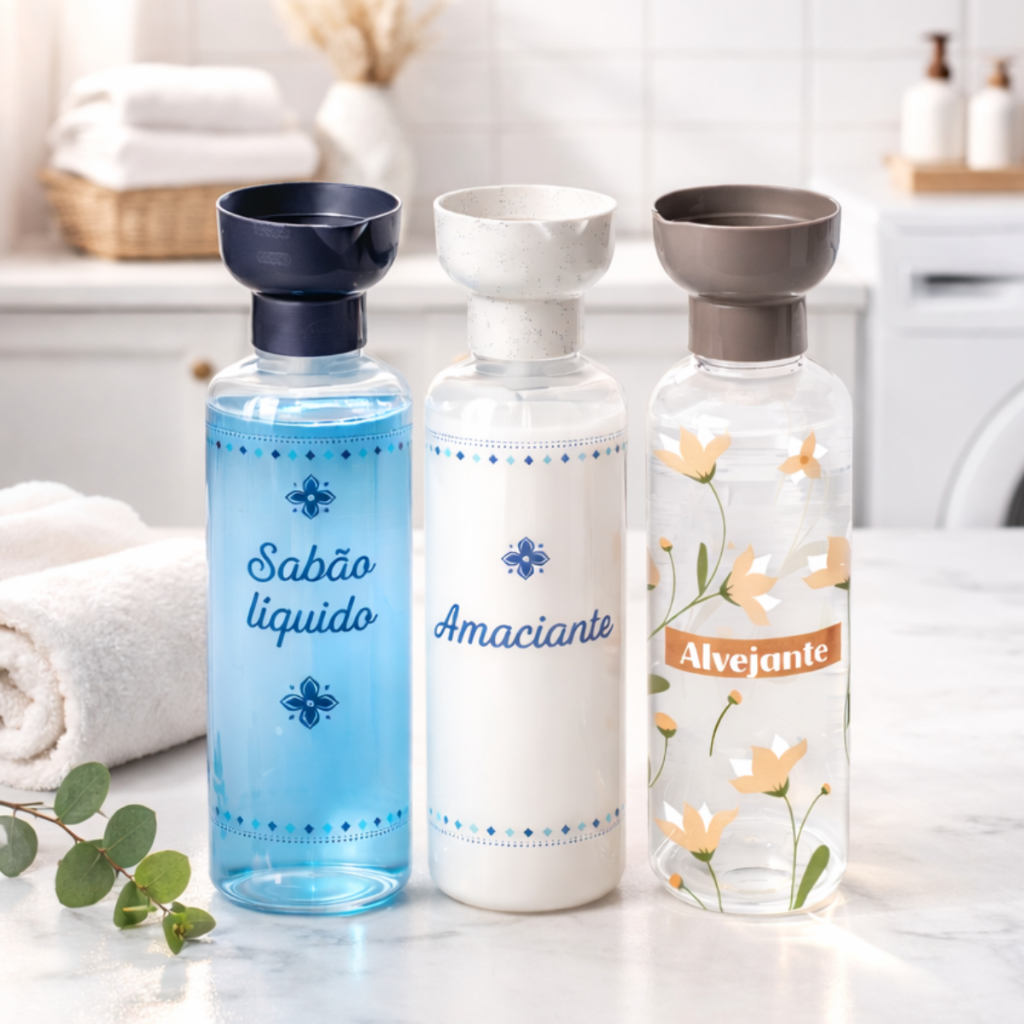 Kit 3 Porta Sabão Líquido Amaciante Alvejante Tampa Dosador
