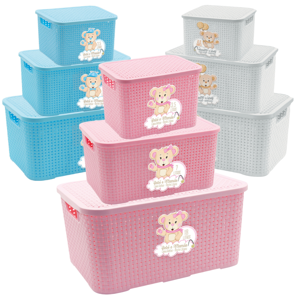 Caixa Organizadora Bebê Com Tampa Cesto Rattan 7 Litros Alta Vedação – Azul, Rosa e Branco