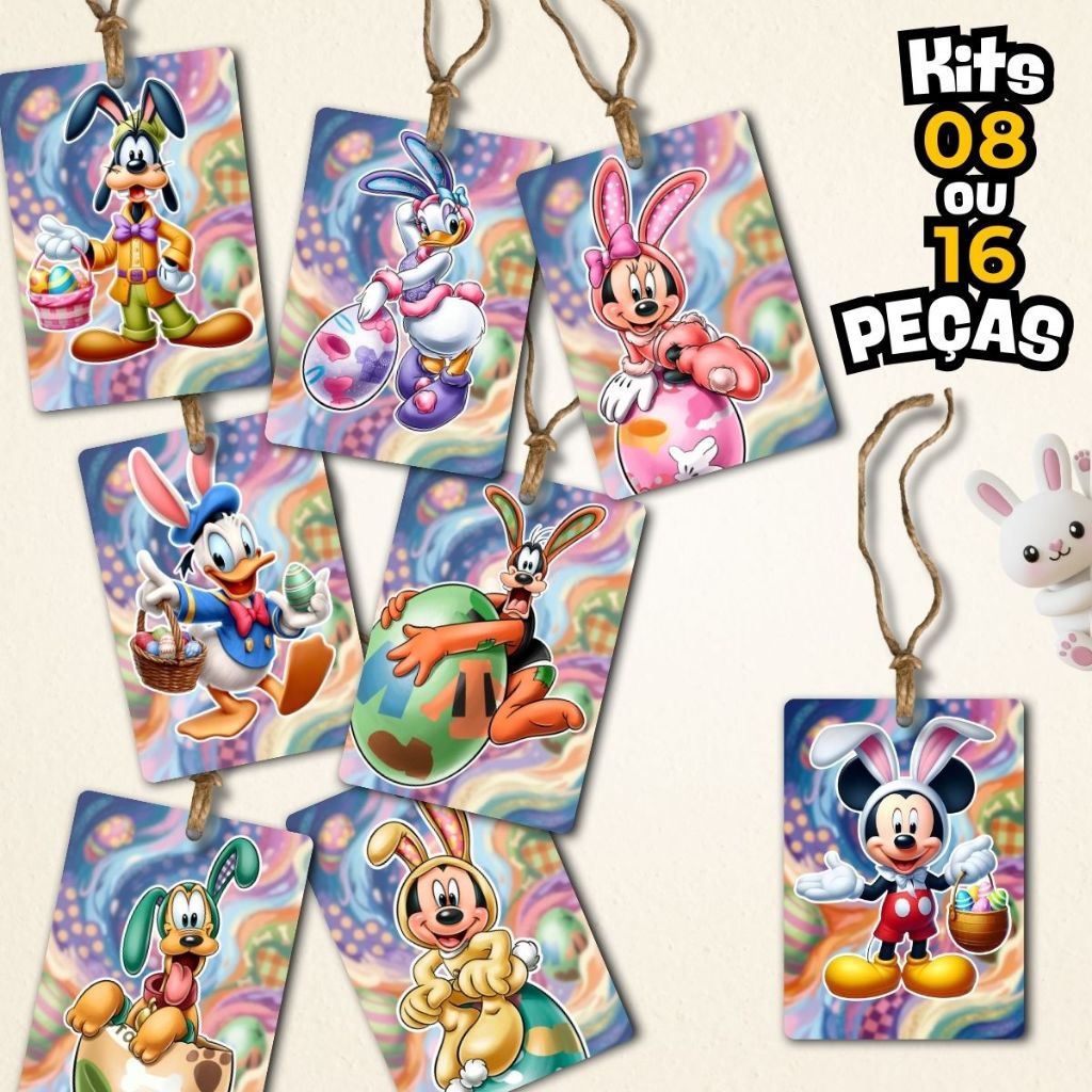 Kit Enfeites Decorativos Páscoa Disney em Madeira (08 ou 16 Peças) -  Cordão Incluso - Mod.Disney