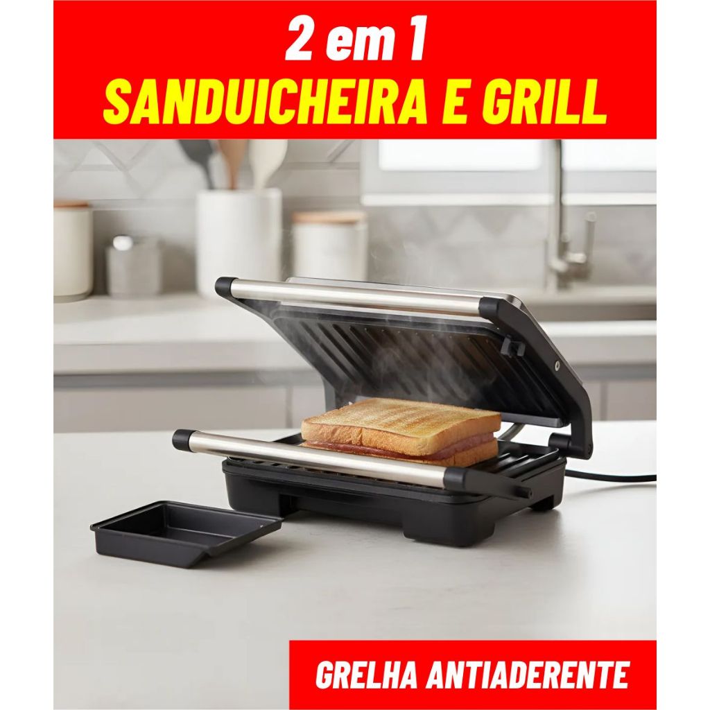 Sanduicheira Grill 2 em 1 Elétrica Chapa Antiaderente Grelha Cozinha Lanches Carne Hamburguer Inox