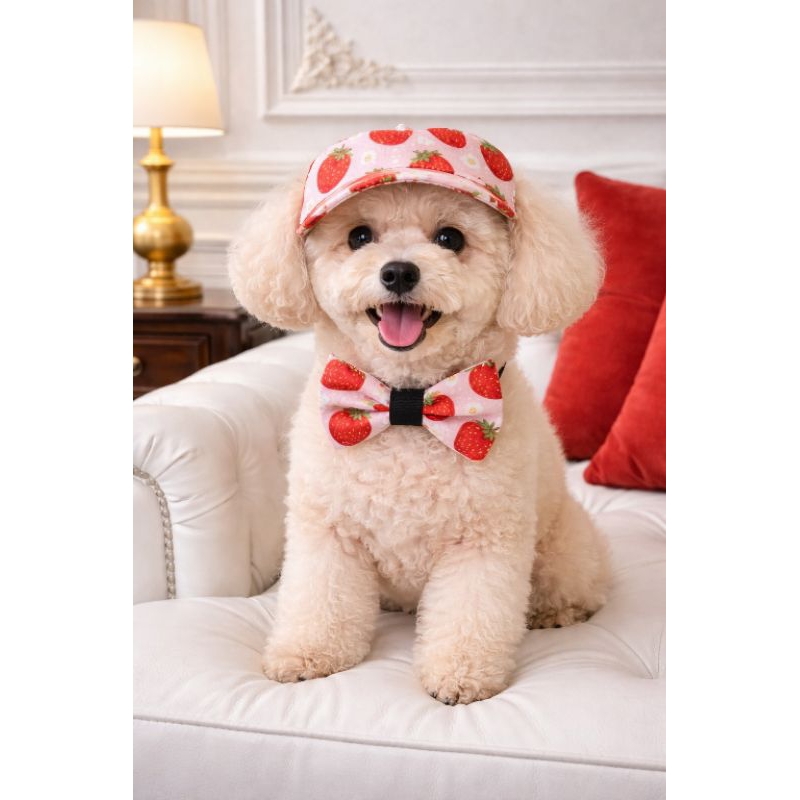 Boné Pet Morango PP ao GG com Gravata Borboleta e Laço | Chapéu Cachorro e Gato 100% Tricoline