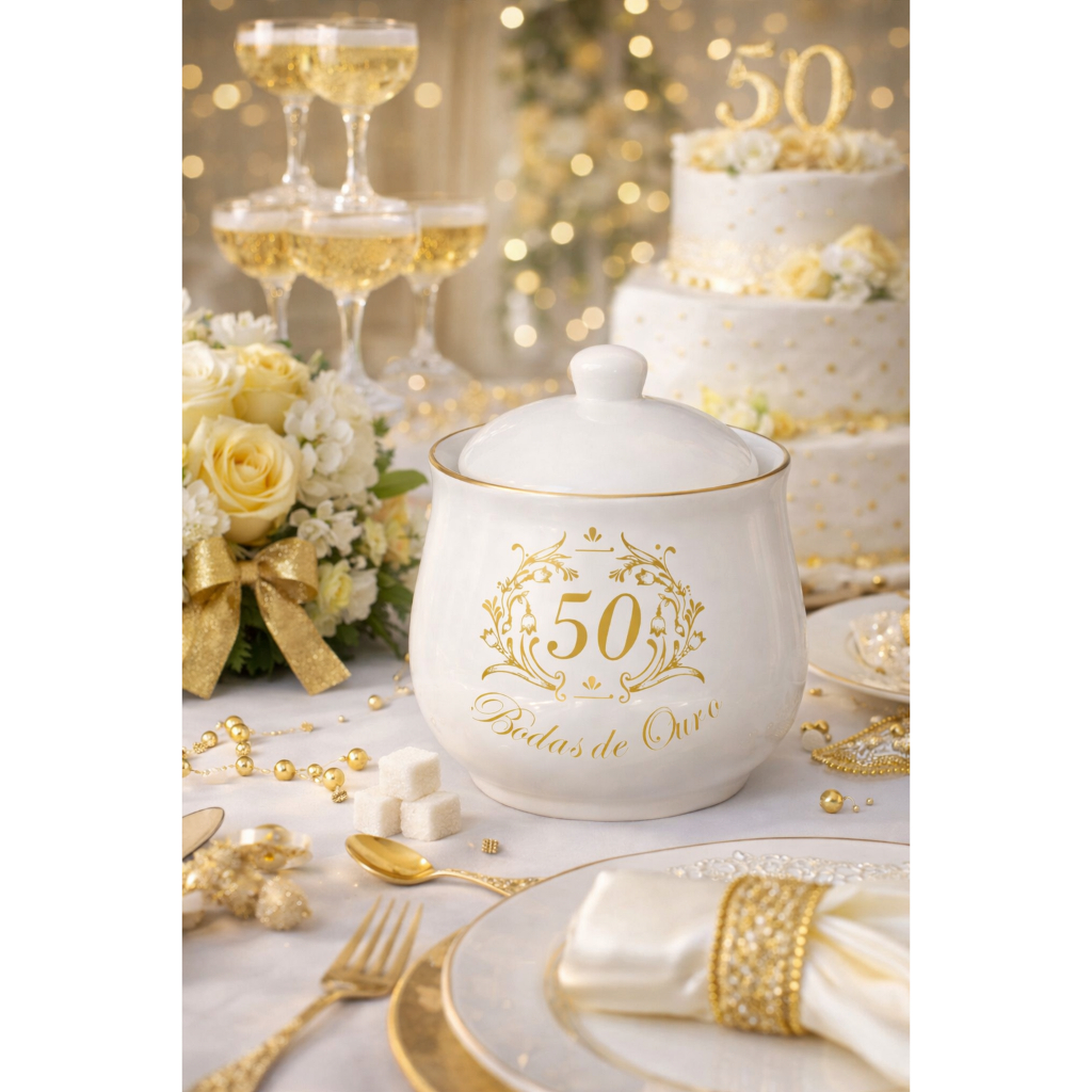 Açucareiro de Porcelana 300ml Filete Dourado – Bodas de Ouro 50 Anos