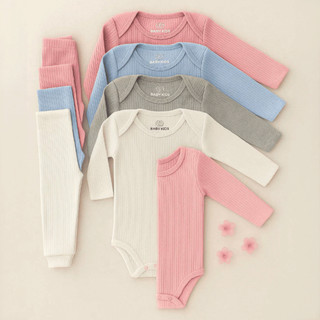 Kit Conjuntos Body Manga Longa Canelado + Mijão Liso Canelado 100% Algodão Bebê Infantil RN