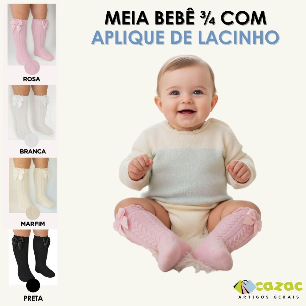 Meia 3/4 Cano Alto com Laço Infantil Bebê Casamento Festa Aniversário em Oferta na Shopee