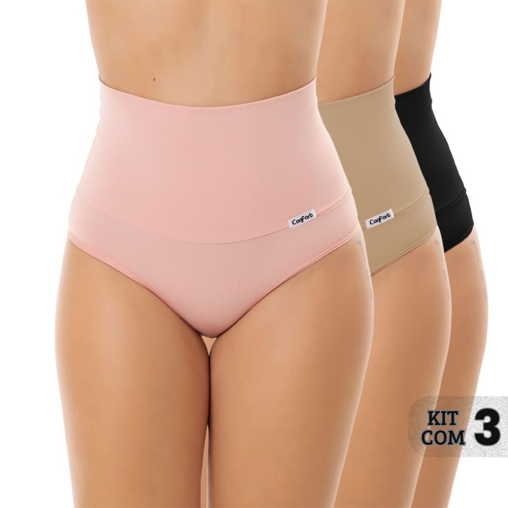 Kit 3 Calcinhas Cós Alto Aperta Barriga Modeladora Compressão Maternidade Pós Parto 15Cm