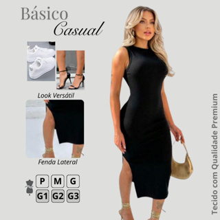 Vestido longo sem manga com fenda lateral ribana de algodão de alta elasticidade casual social de festa justo colado em Oferta na Shopee