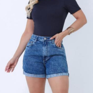 short jeans cintura alta marmorizado 100% algodão com barra em Oferta na Shopee