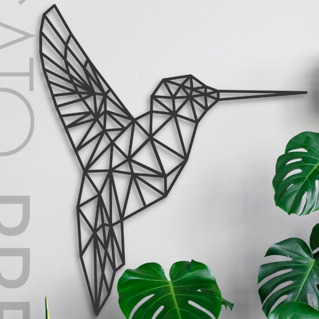 Placa Quadro Decorativo Beija Flor Geométrico Telado Pássaro Madeira MDF Com Fita Dupla Face Adesiva Preto Fosco