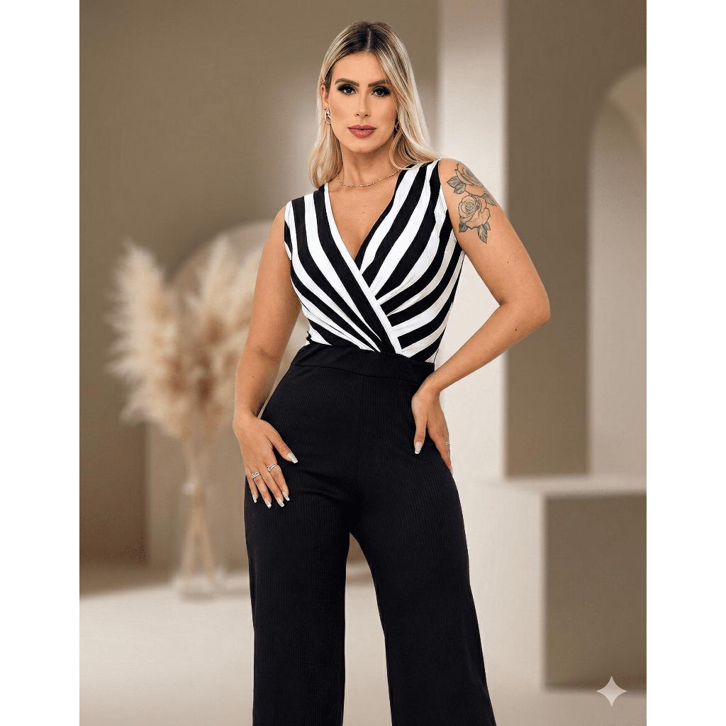 Macacão Feminino Canelado Transpassado em Oferta na Shopee