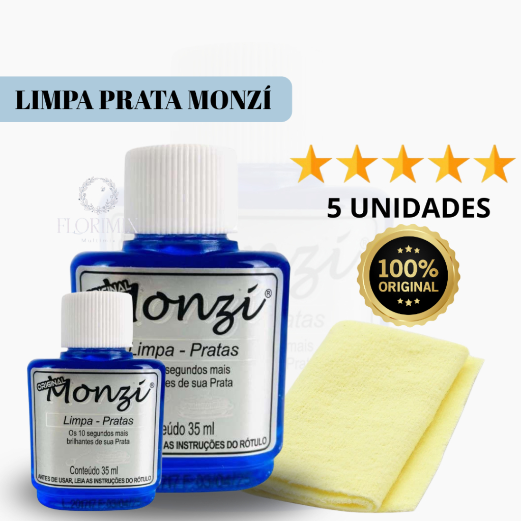 Kit 5 Monzi 35ml + Flanela Magica Polidora Fácil De Usar Limpa Prata Monzi Original Kit 1 a 5