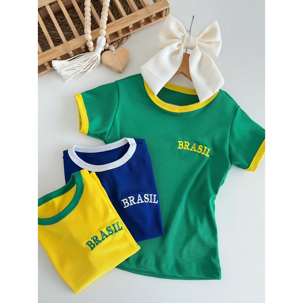 Camiseta Infantil Feminina Brasil Canelada – Verde, Amarela ou Azul | Look Copa Seleção Brasileira Menina