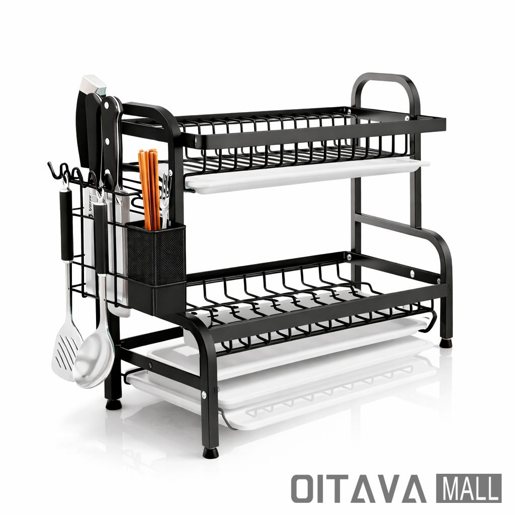 Escorredor de Louça Duplo Multifuncional Suporte para Pratos, Talheres e Tábua de Corte