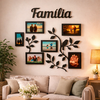 Painel Porta Retrato Parede MDF Familia 6 Fotos Decorativo Moldura Preta Galhos Enfeite Sala Quarto Grande Organizador em Oferta na Shopee