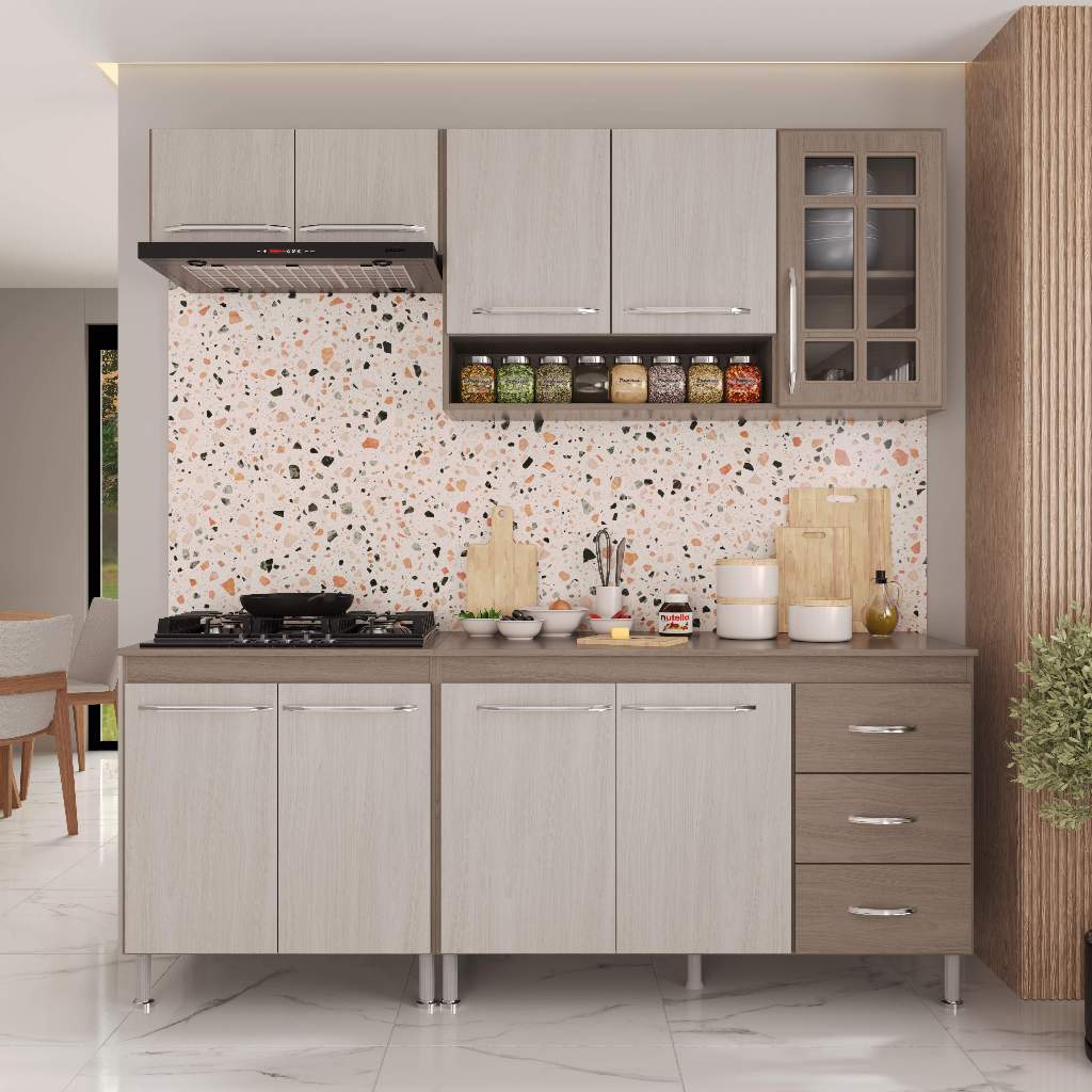 Armário de Cozinha Modulada Compacta Fidelitá Paris 4 Peças 190cm 9 Portas 3 Gavetas Com Tampo Nogal/Salinas em Oferta na Shopee