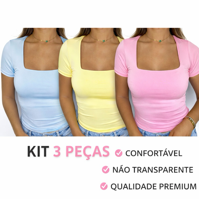 kit 3 Blusa Baby Look Feminina Decote Quadrado Suplex Premium Leve Confortável Verão Moda Fitness Academia