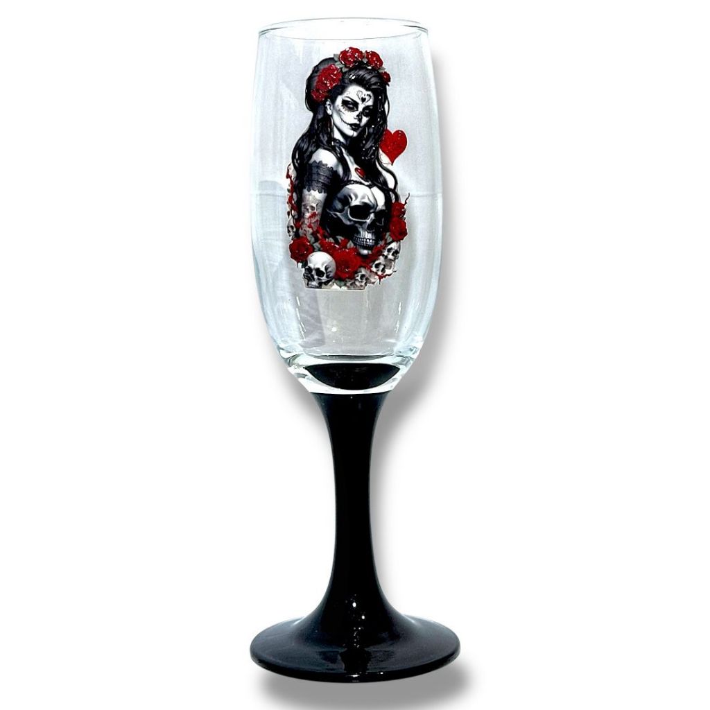 Taça Pomba Gira Rosa Caveira  20Cm Vidro Luxo 180 Ml Preto