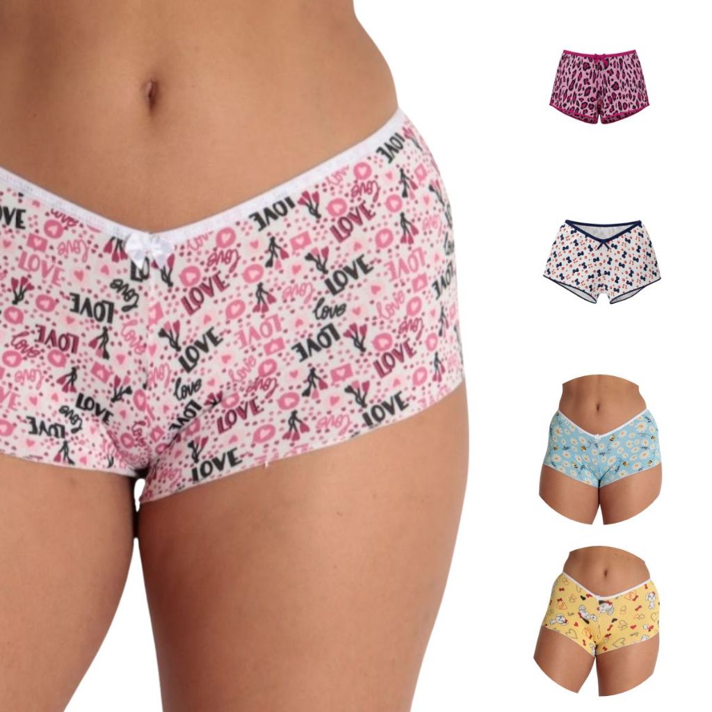 Kit 4 Shortinho Feminino Calcinhas Boxer Cueca Confortável Estampados Moda Dormir