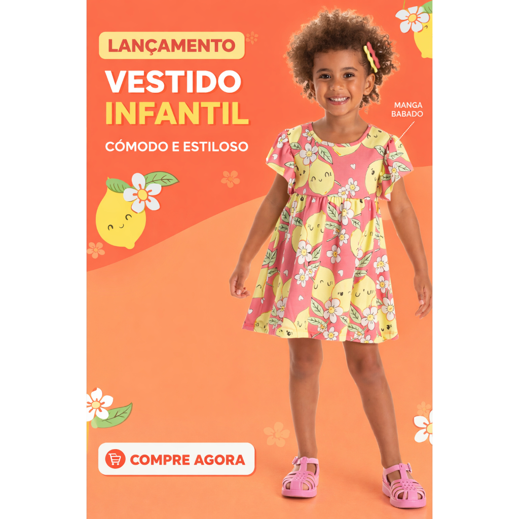 Vestido Infantil Feminino em Suplex Sublimado com Manga Babado – Leve e confortável - Tamanhos 1 a 3 Anos