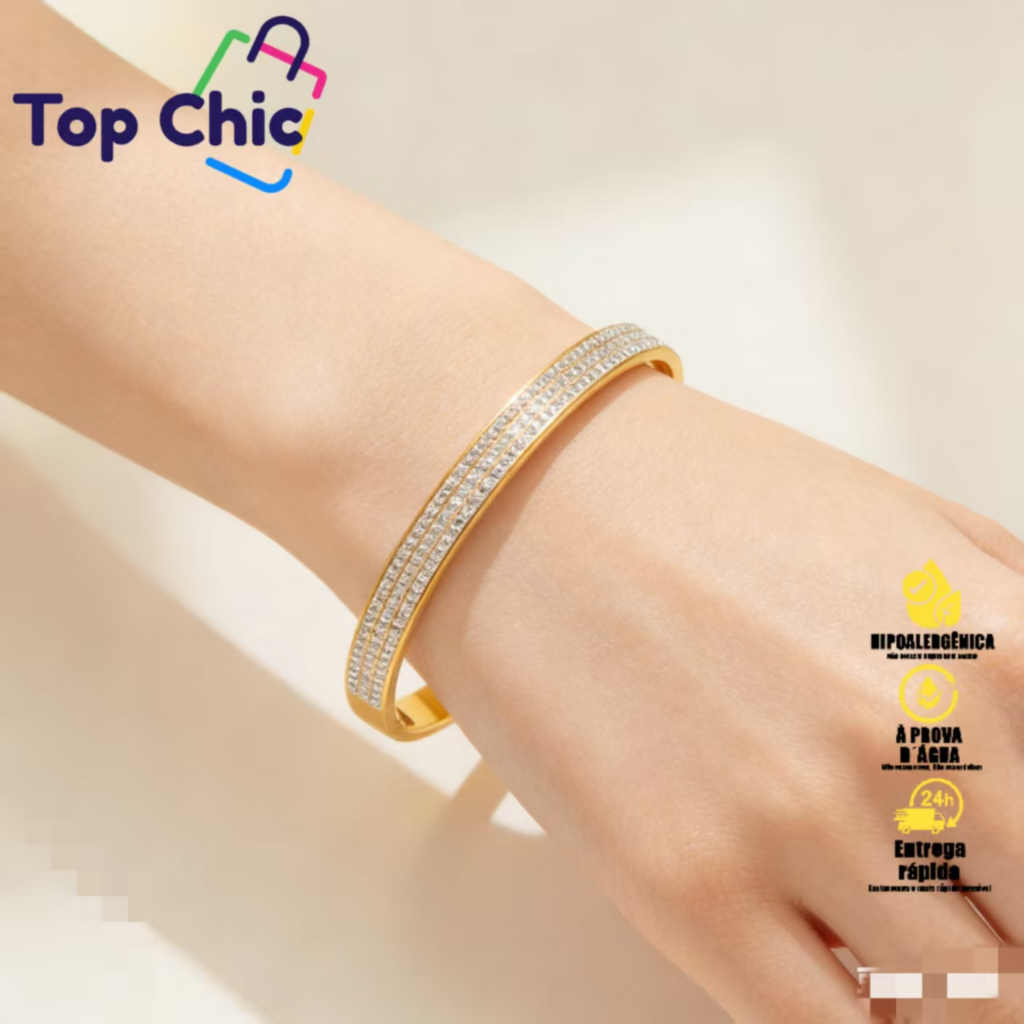 Pulseira feminina de titânio, cravejada com três fileiras de diamantes: luxo atemporal.