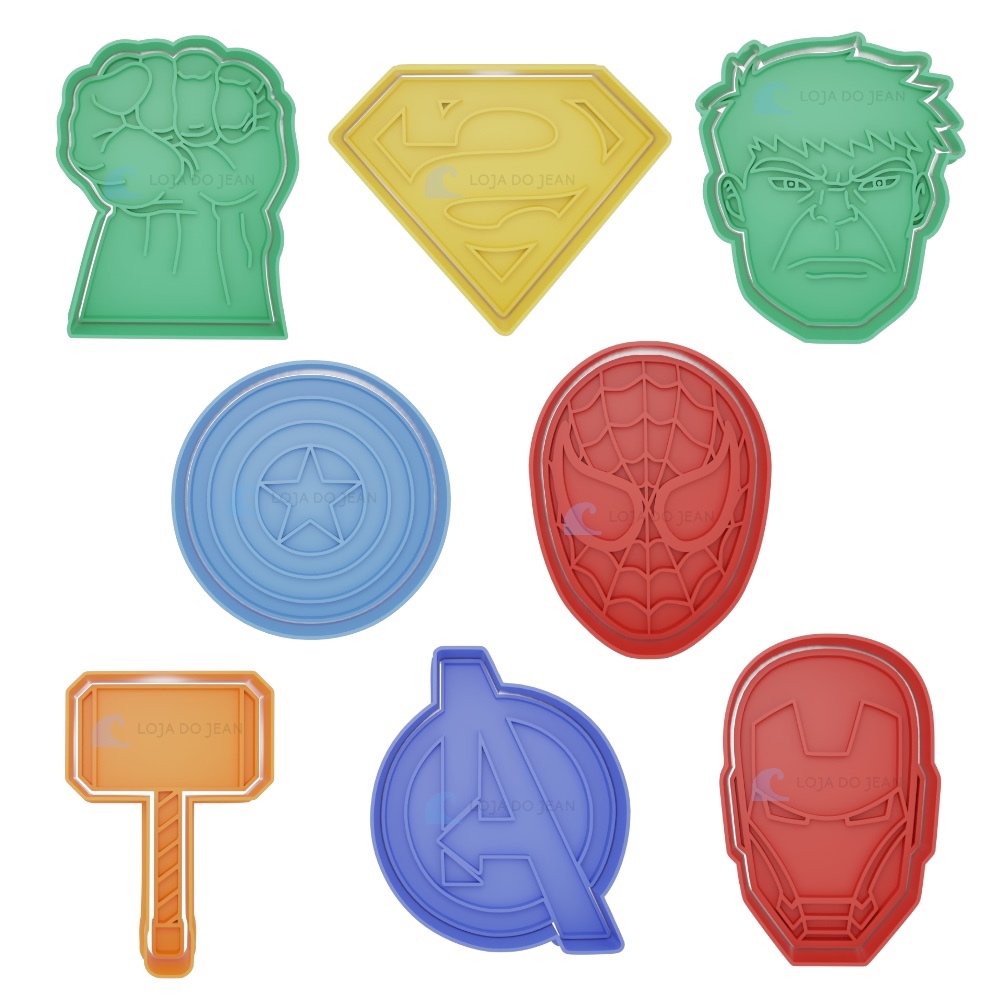 Kit 8 Cortador Marcador Cookie Super Heróis Avengers Spiderman Thor Batman Hulk Iron Man em Oferta na Shopee
