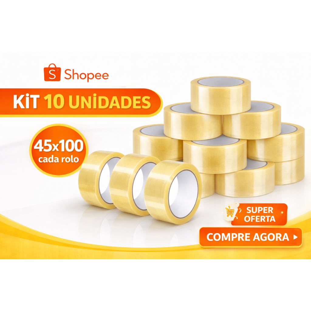 Kit 10 Rolos Fitas Durex Adesivas de 100 Metros 45x100 Transparente Embala Caixa Mudança
