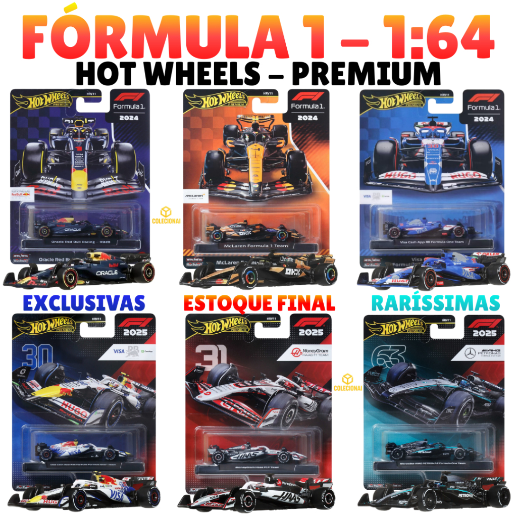 Hot Wheels Premium 1:64 Fórmula 1 Metal Colecionável Oficial | Verstappen Hamilton Norris | Red Bull Mercedes McLaren
