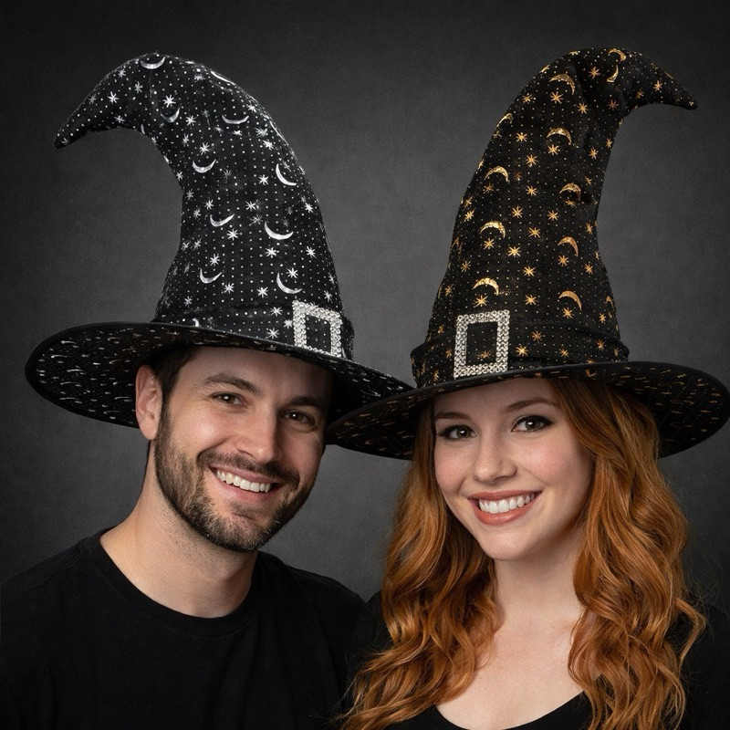 Chapéu Bruxo Bruxa Ponta Fivela Estampado Estrelas Fantasia Carnaval Halloween Cosplay Unissex