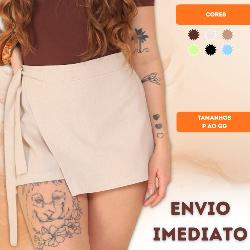 Short Saia Linho Feminino com Laço Elástico Cintura Alta