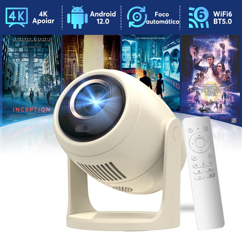 Projetor Mini AOC com WiFi6 e BT 5.0, Projetor Portátil com Suporte 4K e HD, 230 ANSI, Android 12.0, Rotação 360°