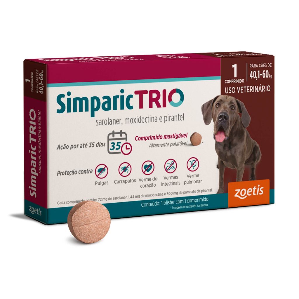Simparic Trio Antipulgas, Carrapatos e Vermífugo para Cães de 40,1 a 60kg 1 Comprimido 72mg Zoetis