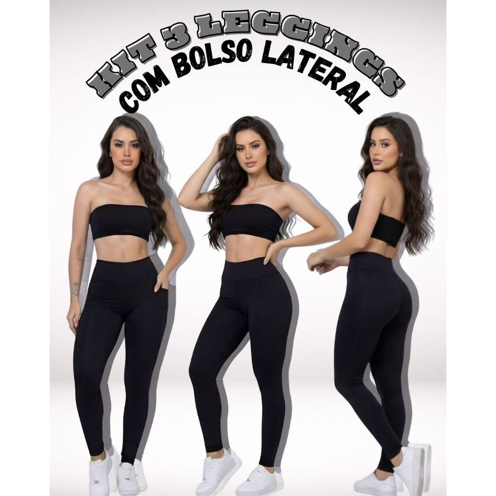Kit 3 Calças Legging Suplex Com Cintura Alta Modeladora e Bolso Lateral Zero Transparência Fitness