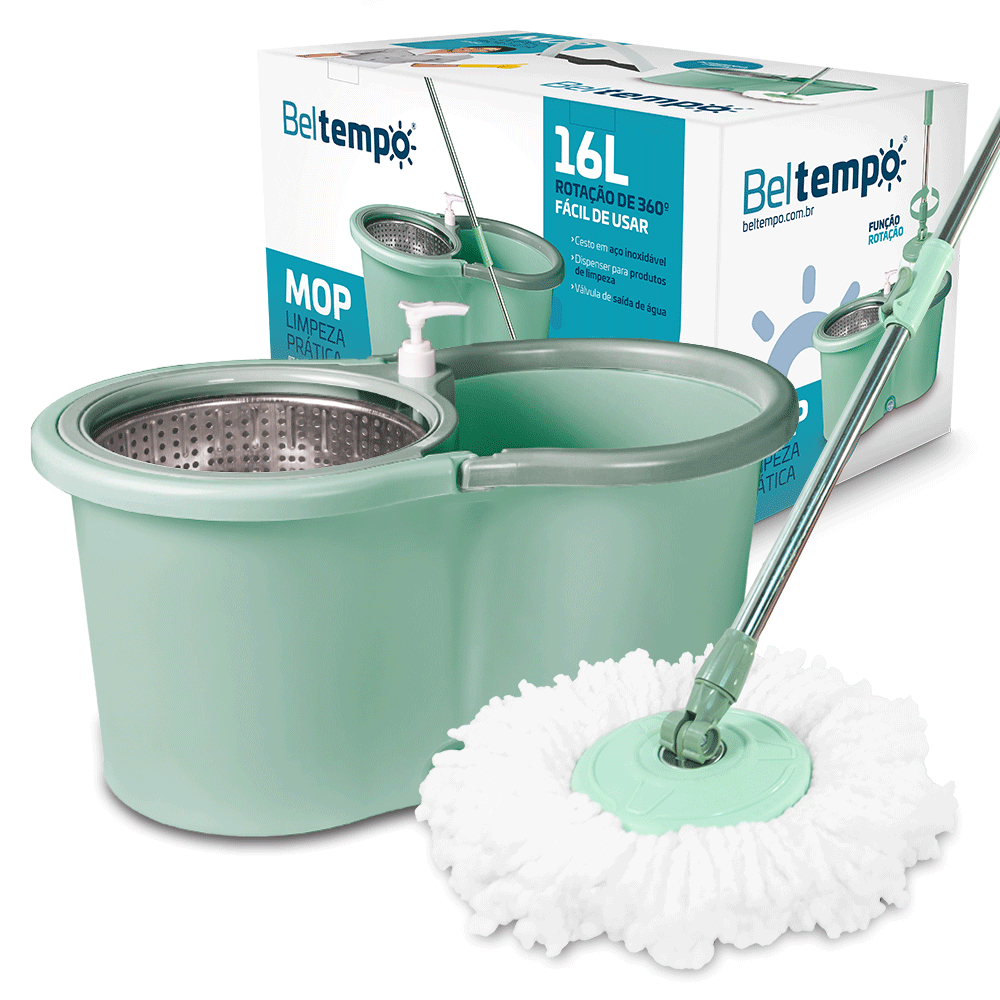 Mop Giratório Limpeza Esfregão 360º Balde 16 Litros Cesto Aço Inox Cabo Longo 140cm Com Refil Rodas E Alça Beltempo em Oferta na Shopee