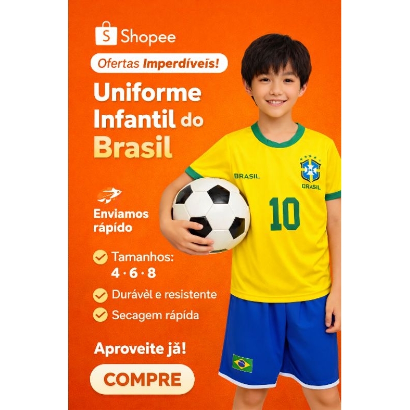 Conjunto Infantil Futebol Brasil Camisa Amarela Shorts Azul Roupa Esportiva Criança
