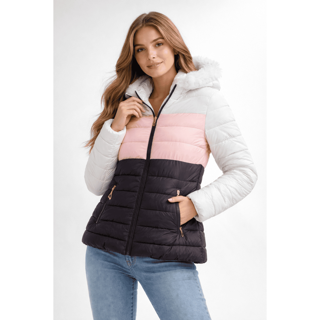 Jaqueta Feminina Inverno Puffer Quentinha com Capuz Peluciada Colorida