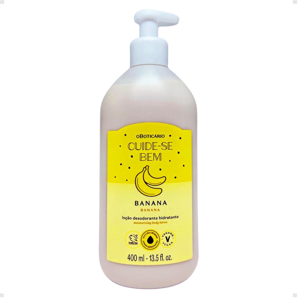 O Boticário Cuide-se Bem Feira Aroma de Banana Loção Desodorante Hidratante Corporal 400ml Vegano Ingredientes Naturais