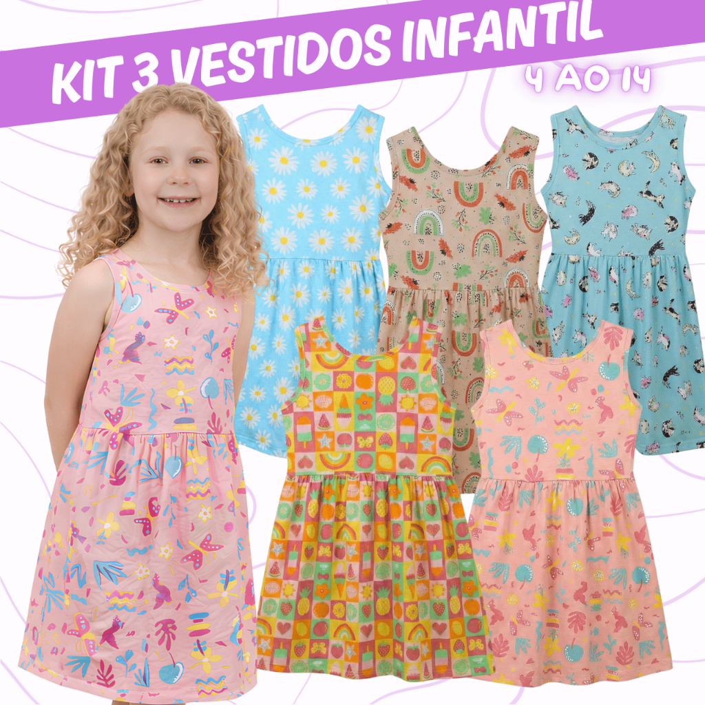 Kit 3 Vestido Infantil Menina Estampado Personagem 10 12 14 Floral Verão Rodado 100% Algodão Fresco