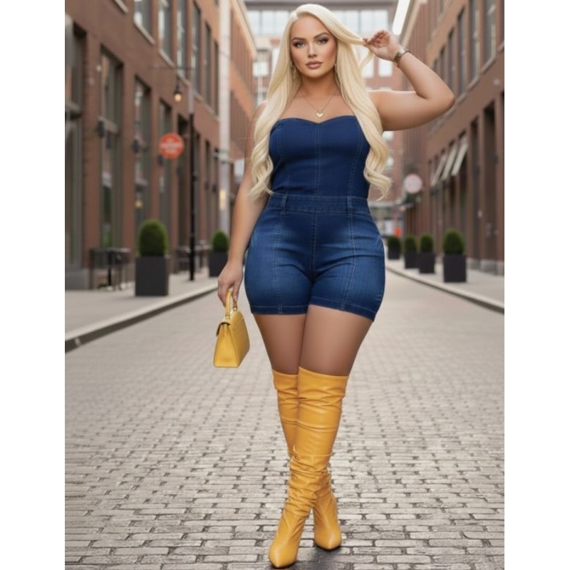 Macacão Plus Size Macaquinho Jeans feminino Short Curtos Plus Size Jardineira Feminino Sem Manga Laycra tamanho 54/56
