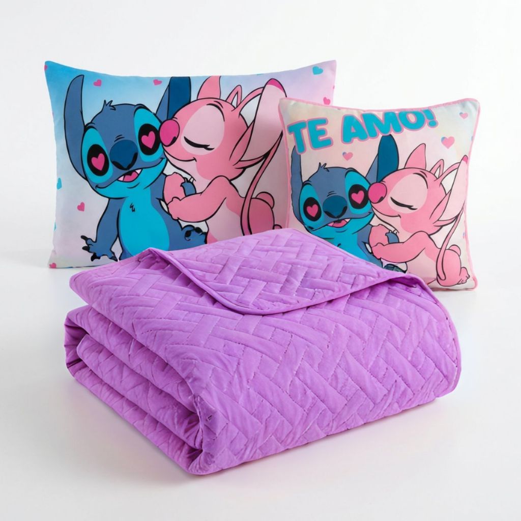 Colcha Cobre Leito Jogo Roupa Jogo Cama Edredom Solteiro 5 Pçs Matelado Stich Lilas Dupla Face Rosa
