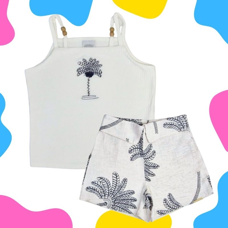Conjunto Infantil Menina Alakazoo - Verão Blusa Alça estampa de Coqueiro + Short Estampado Algodão Natural