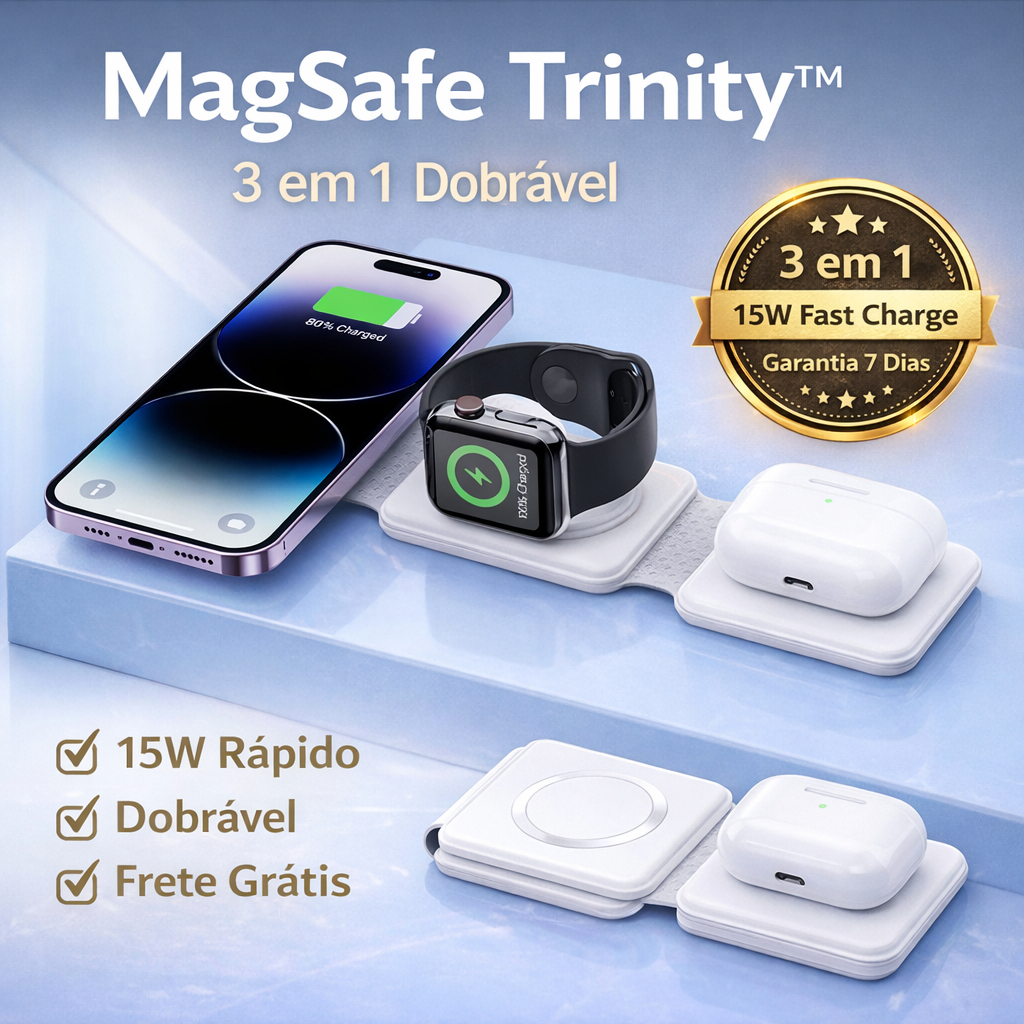 Carregador MagSafe 3 em 1 Dobrável 15W Rápido para iPhone Apple Watch AirPod Bas