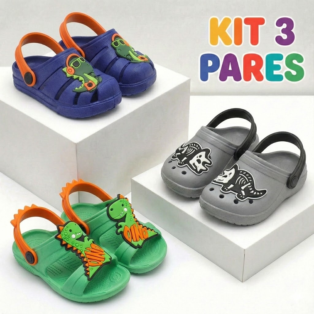 Kit 3 Sandália Papete Infantil Masculino Modelos Diversos Leve Confortável