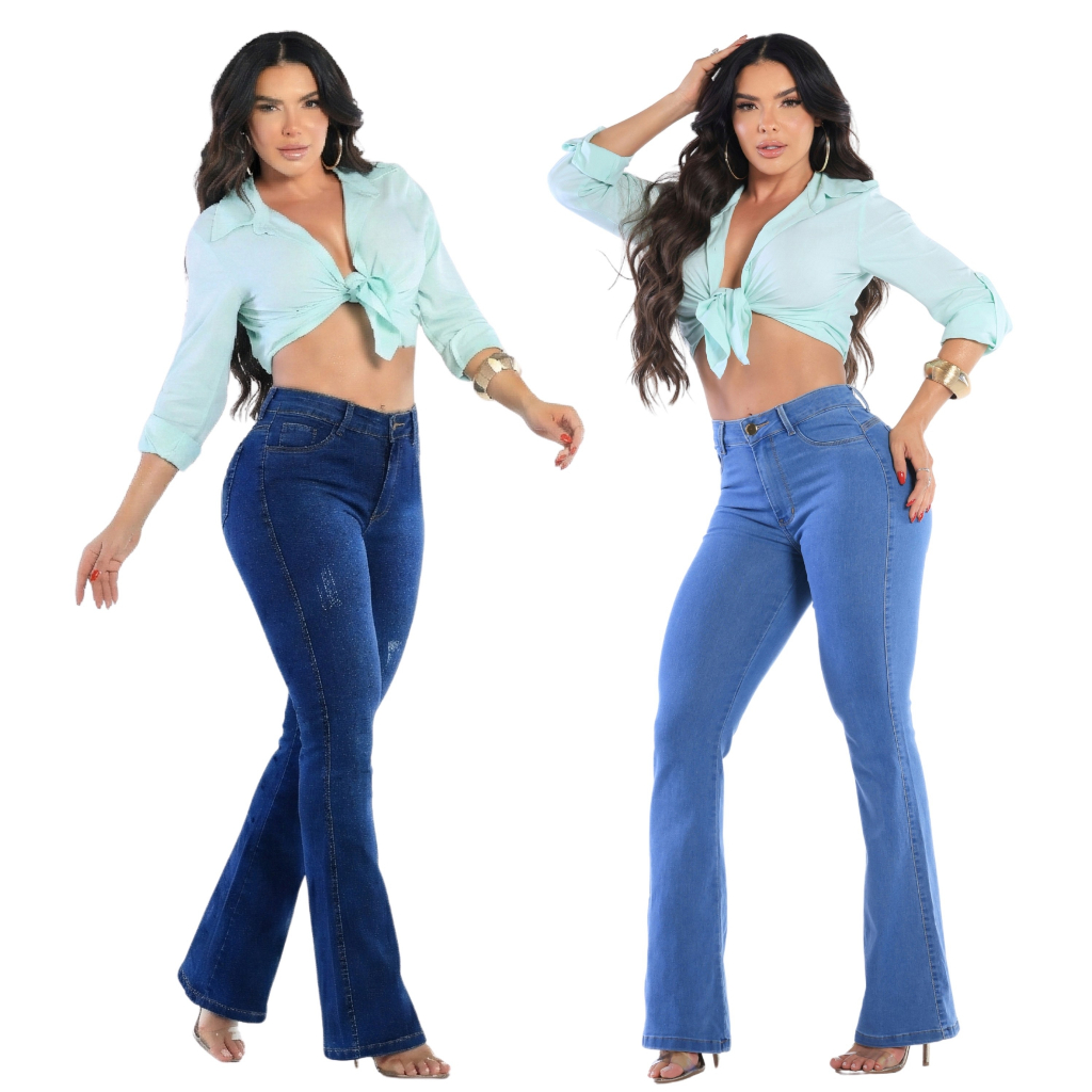 Kit 2 Calças Jeans Flare Feminina Rodeio Lycra Empina Bumbum Cós Alto em Oferta na Shopee